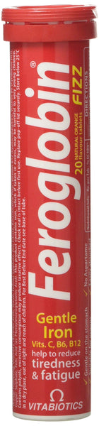 Vitabiotics Feroglobin Fizz offers 20 red, effervescent tablets labeled Gentle Iron with Vits. C, B6, B12 to help reduce tiredness and fatigue. These natural orange-flavored supplements contain vitamin C for enhanced iron absorption.