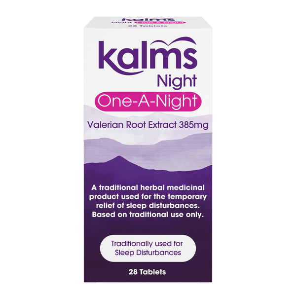 The Kalms Night One-a-night pack contains 28 tablets with valerian root extract, offering a traditional herbal remedy for temporary sleep disturbances. The packaging is white with purple text and mountain imagery, designed to promote restful nights.