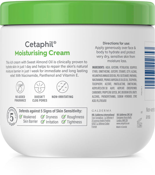 Cetaphil Moisturising Cream (450g) features a white container with green and black text, offering no added fragrance and is non-comedogenic and non-irritating for sensitive skin. It provides intense hydration with Vitamin E and almond oil for long-lasting relief, with directions on the back.