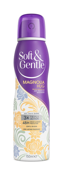 The S&G Magnolia Anti-perspirant Deodorant (150ml) has a purple top, floral design, and provides 48h protection. It features a long-lasting fragrance, fights white marks, and is gentle on the skin.