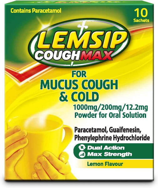 The packaging of Lemsip Cough Chesty Cough and Cold (10 Sachets) emphasizes its Dual Action Max Strength for mucus coughs and colds. It contains paracetamol, guaifenesin, phenylephrine hydrochloride, and offers a soothing lemon flavor with a cup image in the foreground.
