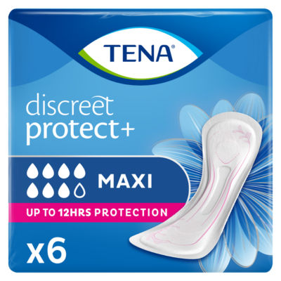 Tena Discreet Protect Maxi (6 pads) by Tena offers Advanced Absorption Technology, odour control, and up to 12 hours of protection. The packaging features a blue floral design with icons for absorbency and pad count.