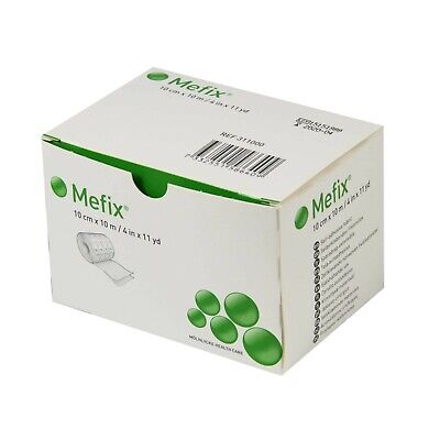 Image of a Molnlycke Mefix Adhesive Fabric Tape 10cm x 10m box, showcasing its white and green scheme. The packaging emphasizes its skin-friendly, self-adhesive fabric with a tape roll illustration and green circle designs.