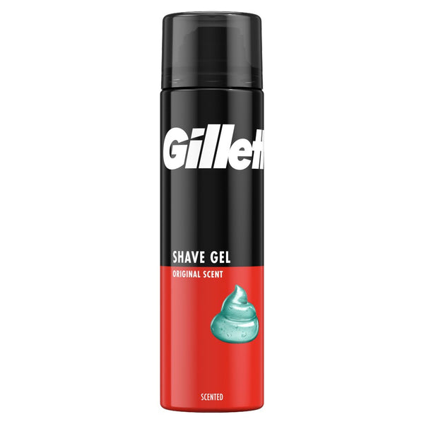 A 200ml can of Gillette Classic Shave Gel Original features a sleek black top with a white Gillette logo, and a red bottom displaying Shave Gel Original Scent next to an image of green gel for rich lather.