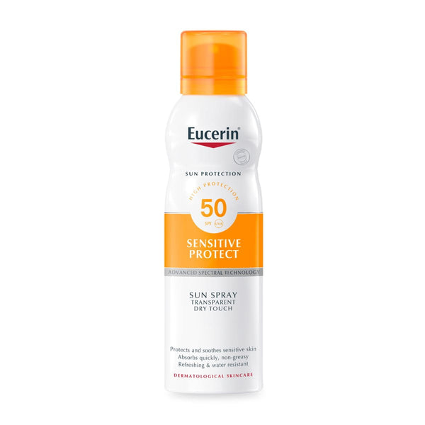 The Eucerin Oil Control Dry Touch Sun Spray SPF50 (200ml) offers UVA/UVB protection for sensitive skin. Its white and orange bottle ensures quick absorption, provides a transparent dry touch, and is water-resistant.