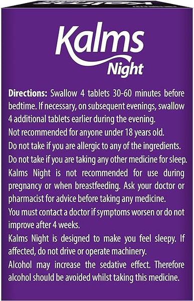 Image of Kalms Night Valerian Root Extract 96mg (50 Tablets) box. Directions: take 4 tablets 30-60 mins before bed as a natural sleep aid. Not for under 18s, pregnancy, breastfeeding, or if allergic to valerian root. Consult doctor if symptoms persist. Avoid alcohol; may cause drowsiness.