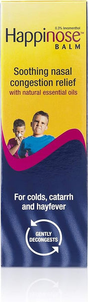 The Happinose Balm - Soothing Nasal Congestion Relief (14g) from Happinose, featuring two children on the box, offers gentle relief using natural essential oils and 0.3% levomenthol to alleviate colds, catarrh, and hay fever while promising to Gently Decongest effectively.