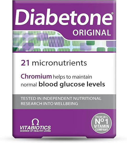 The Vitabiotics Diabetone (30 Tablets) packaging, in purple and white, emphasizes 21 essential nutrients for diabetes management. It highlights chromium for maintaining normal blood glucose levels and proudly displays the Vitabiotics logo with claims of nutritional research testing.