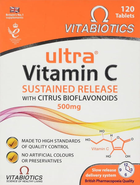 The Ultra Vitamin C by Vitabiotics, a 120-tablet pack, features sleek white packaging with bright orange details and the logo. It promotes Sustained Release and includes Citrus Bioflavonoids for immune support, boasting No Artificial Colours or Preservatives.