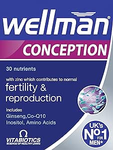 Vitabiotics Wellman Conception Tablets (30 count) are in a blue and purple box, emphasizing fertility and reproductive health with ginseng, Co-Q10, inositol, and amino acids. They offer nutritional support and claim UKs No.1 for men.