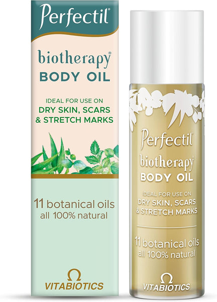 Vitabiotics Perfectil Biotherapy Body Oil (125ml) hydrates and rejuvenates dry skin, helping to improve scars and stretch marks with 11 100% natural botanical oils. Box and bottle feature the Vitabiotics brand.
