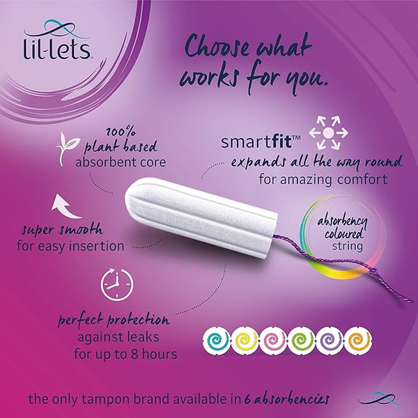 An ad for Lil-Lets Non-applicator Tampons Super Plus (10 count) highlights multicolored strings, a 100% plant-based core, SmartFit expansion, super smooth comfort, up to 8 hours of superior protection, and various absorbency options including heavy flow.