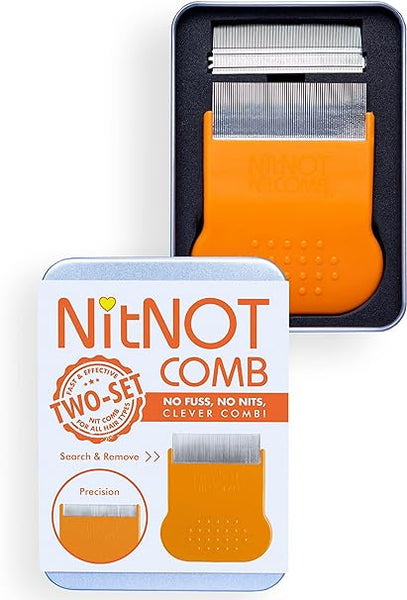 The Nitnot Lice/Nit Comb is prominently displayed with illustrations and text highlighting its effectiveness in nit removal, featuring the orange comb above the package.
