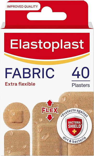 The Elastoplast Fabric Plasters box, ideal for first aid kits, includes 40 Extra Flexible plasters with a Bacteria Shield. The packaging showcases red, white, and yellow colors and highlights wound protection icons. Brand: Elastoplast.