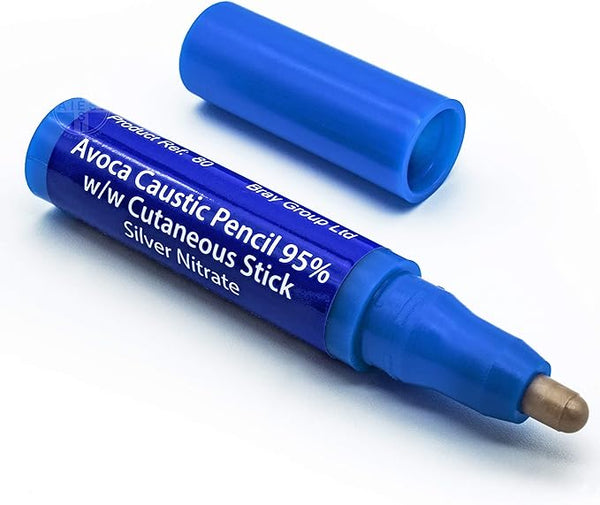 With its cap off, the blue Avoca Wart & Verruca Remover Treatment - Caustic Pencil 95% reveals a silver nitrate tip ideal for wart removal. The label reads Avoca Caustic Pencil 95%, making it an essential tool for precise skin care treatment, while the cap sits beside it.