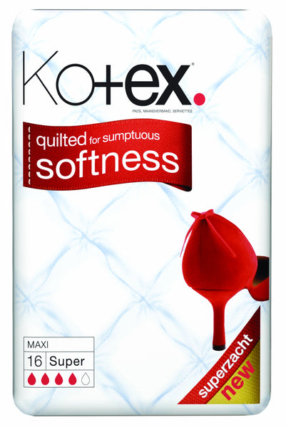 A 16-pack of Kotex Maxi Pads Maxi Super features quilted softness, super absorbent protection for heavy flow, and a red high-heeled shoe illustration on the packaging.
