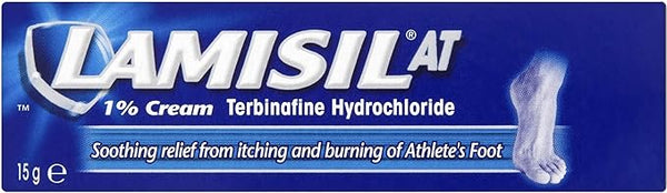 The blue rectangular pack of Lamisil At 1% Cream (15g) features 1% Cream Terbinafine Hydrochloride for soothing relief from athletes foot itch and burn, with a foot image on the right.