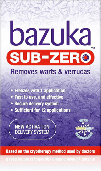 The Bazuka Sub Zero 50ml boasts Removes warts & verrucas with one quick application. Its NEW ACTIVATION DELIVERY SYSTEM is based on doctor-used cryotherapy for effective treatment, offering 12 applications for fast and efficient use.