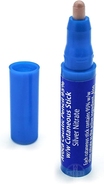 An Avoca Wart & Verruca Remover Treatment caustic pencil, blue with the cap off to reveal a beige tip, is an effective wart remover. It contains 95% silver nitrate for precise application.