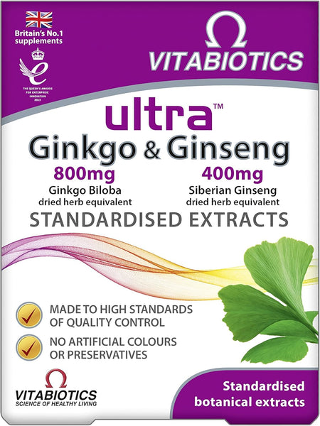 Front of a Vitabiotics Ultra Ginkgo and Ginseng Tablets (60s) box, showing standardised extracts for cognitive health, 800mg ginkgo & 400mg ginseng per tablet, with no artificial colors/preservatives and a ginkgo leaf image.