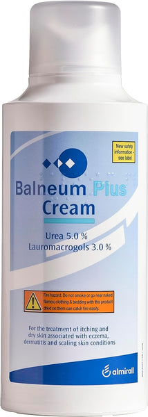 Balneum Plus Cream (500g) by Almirall, containing Urea 5% and Lauromacrogols 3%, provides relief for dry, itchy skin caused by eczema. The label includes warnings for eczema, dermatitis, and scaling conditions. The Almirall logo appears at the bottom.