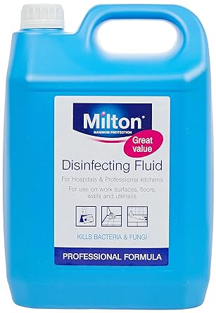 A 5L Milton Disinfecting Fluid container with a handle, labeled as a professional formula for hospitals and kitchens, kills bacteria and fungi—ideal for surfaces, feeding utensils, and baby bottles.