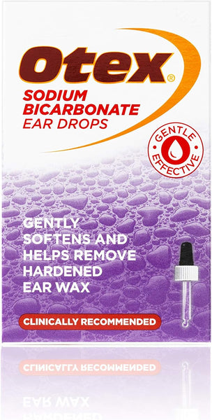 Otex Sodium Bicarbonate Ear Drops (10ml) by Otex come with a dropper and are labeled Gentle, Effective, and Clinically Recommended to gently soften hardened ear wax and help with ear wax removal.