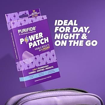 The image shows a Purifide Power Patch (36 patches) box set against a purple background. The text states: Ideal for day, night & on the go. Featuring Salicylic Acid and 3-in-1 technology: shrinks, soothes, protects, it promises results in 4 hours. A purple bag is partially visible.