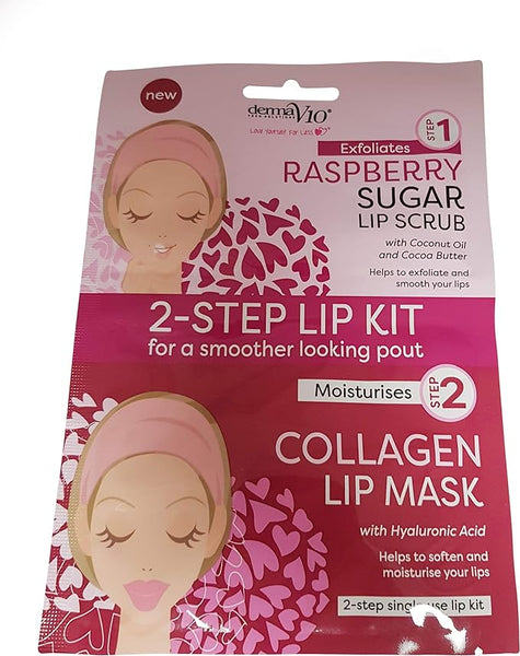 The Derma V10 2 Step Lip Kit, by Derma, in raspberry packaging, offers a 2-step treatment: Step 1 is an exfoliating sugar scrub with coconut oil and cocoa butter; Step 2 is a collagen lip mask with hyaluronic acid. The package features illustrations of a womans face and floral designs.