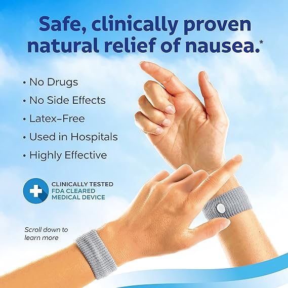 Two hands wear gray Sea-Band for Adults wristbands; one finger presses on a band. Text highlights hospital-used, clinically tested motion sickness and nausea relief—a drug-free, latex-free, side effect-free solution by Sea-Band.