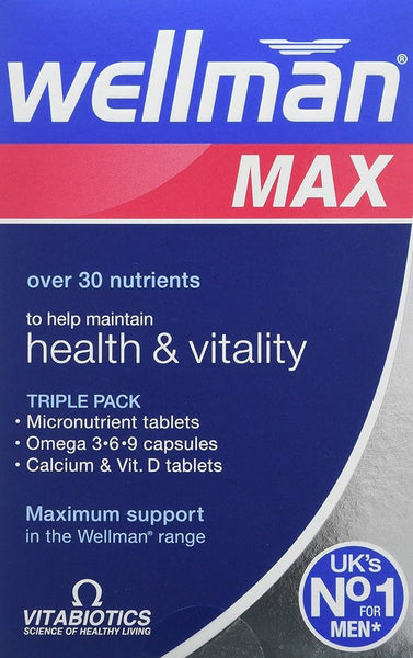 Packaging for Vitabiotics Wellman Max Triple Pack (84) showcases an energy boost from 30+ nutrients, including micronutrient tablets, Omega 3-6-9 capsules, and calcium with vitamin D.