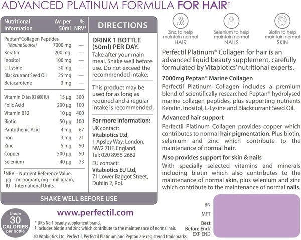 An information leaflet for Vitabiotics Perfectil Platinum Collagen Hair 10x50ml (500ml) details supplement facts, usage directions, hair and skin benefits, ingredients, and contact info on a light purple background with white and dark purple text.