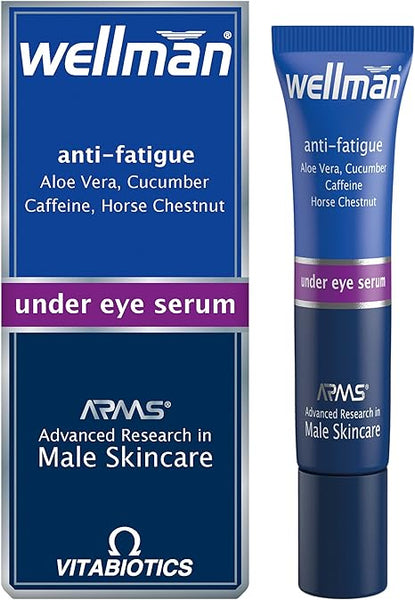 The Vitabiotics Wellman Under Eye Serum (15ml) is designed for male skincare needs, featuring Aloe Vera, Cucumber, Caffeine, and Horse Chestnut. Its blue packaging with purple accents aims to reduce fine lines and rejuvenate the under-eye area.