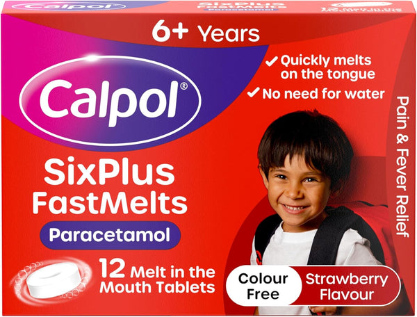 The image showcases Calpol SixPlus Fastmelts (12), ideal for on-the-go pain relief. This box of 12 strawberry-flavored, color-free tablets melts in the mouth, providing paracetamol for effective pain and fever relief, suitable for ages 6 and up.