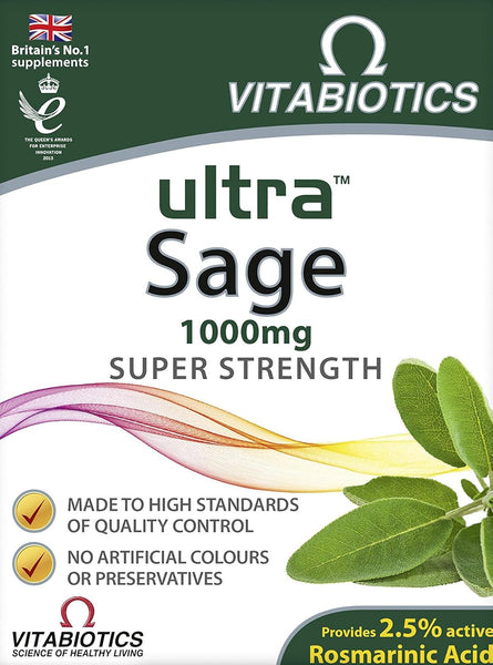 Front of the Vitabiotics Ultra Sage 1000mg (30 Tablets) box by Vitabiotics shows Super Strength sage tablets, high-grade extract rich in rosmarinic acid, a sage leaf image, colorful wavy lines, and highlights no artificial colors or preservatives.