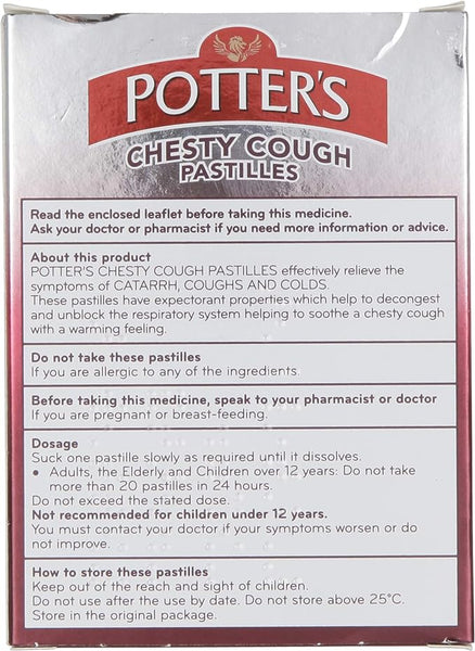 The image shows the back of a box labeled Green Potters Mucus Cough Pastilles (20) from the brand Potters. It details usage, precautions, and storage, emphasizing the non-drowsy pastilles effectiveness in relieving symptoms of catarrh, coughs, and colds.