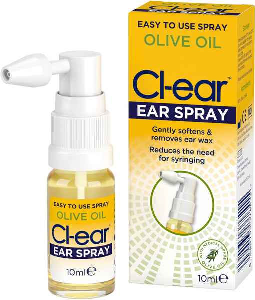Cl-ear Olive Oil Ear Spray (10ml) by Cl-ear is designed for natural ear care, softening and removing ear wax to reduce syringing needs. The packaging highlights its benefits and user-friendly design as an effective ear wax solution.