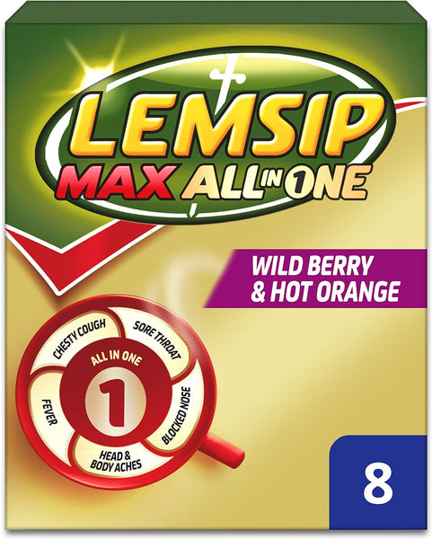 Lemsip All in One Sachets Wild Berry & Hot Orange provides relief for cold and flu symptoms like chesty cough, sore throat, fever, body aches, and blocked nose. The pack contains 8 sachets with a pleasant wild berry and hot orange flavor.