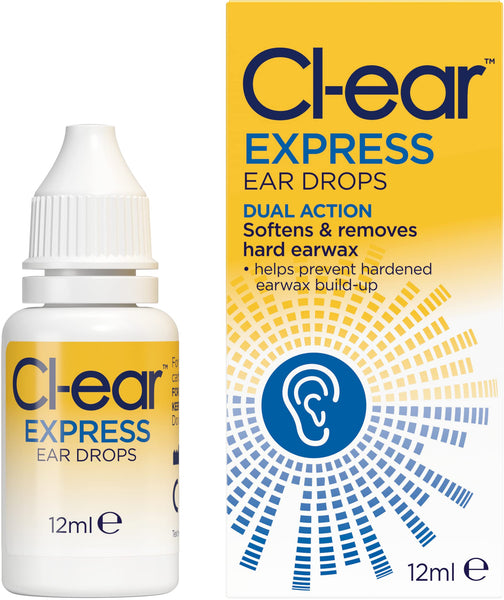The Cl-ear Express Ear Drops (12 ml) by Cl-ear feature Dual Action to soften and remove hard earwax. Their glycerol-infused formula prevents buildup, providing effective relief.