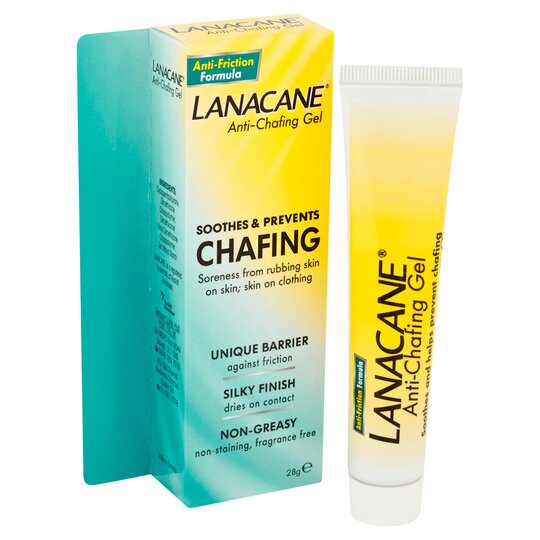 A 28g tube of Lanacane Anti Chafing Gel is shown with its box, which highlights features like soothes & prevents chafing, a silky finish, and non-greasy friction protection. The teal-sided box emphasizes the anti-friction formula.
