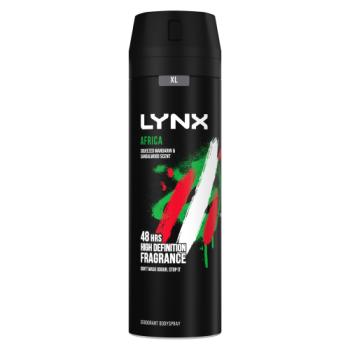 A 200ml Lynx Africa Deodorant Spray XL in black, with green, red, and white accents offers 48 hours of high definition fragrance for unbeatable odour protection.