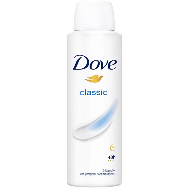 A 150ml Dove Classic Anti-perspirant spray can with a gold dove logo and blue text features 48-hour sweat protection, 0% alcohol, and Dove’s signature moisturising cream for gentle care.