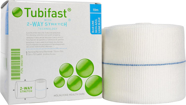 Molnlycke Tubifast Tubular Bandage 7.5x5m (1 pack) is ideal for dressing retention and skin coverage on large limbs. It comes in white packaging with green and blue accents.