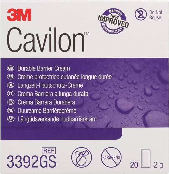 The Cavilon Durable Barrier Cream (20 Sachets) is a 2g hypoallergenic skin protectant by Cavilon. The packaging includes multilingual text, emphasizes benefits such as moisturization and being paraben-free, and features an elegant water droplet design.