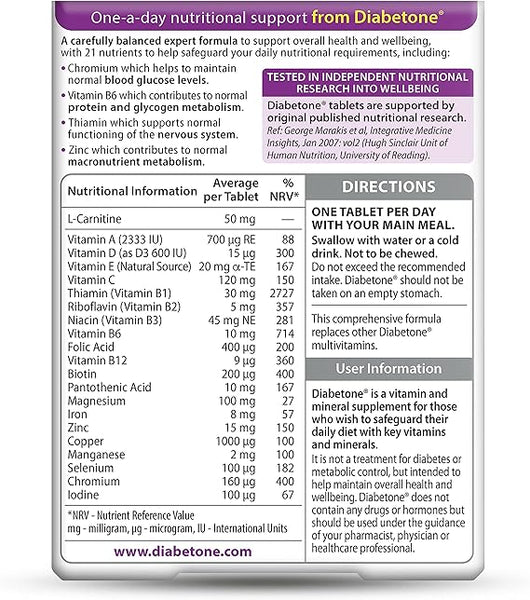 Image of Vitabiotics Diabetone (30 Tablets) box for diabetes management, featuring nutritional details, ingredient list, and usage directions. Highlights its support in health with essential vitamins and minerals.