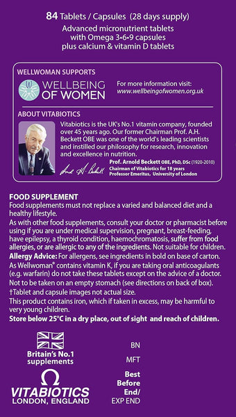 Purple label for Vitabiotics Wellwoman Max 84 Tablets and Capsules, featuring women’s health info, product details, nutritional support, supplement advice, usage directions, and tablet type icons.