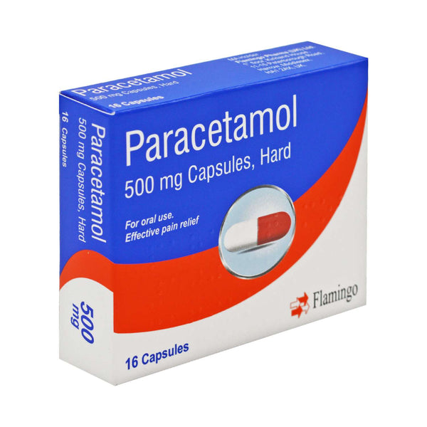 Paracetamol 500mg Capsules (16s) by Brand May Vary, in mainly blue and white packaging with red accents and a capsule image, for oral use. Used to relieve pain and reduce fever.