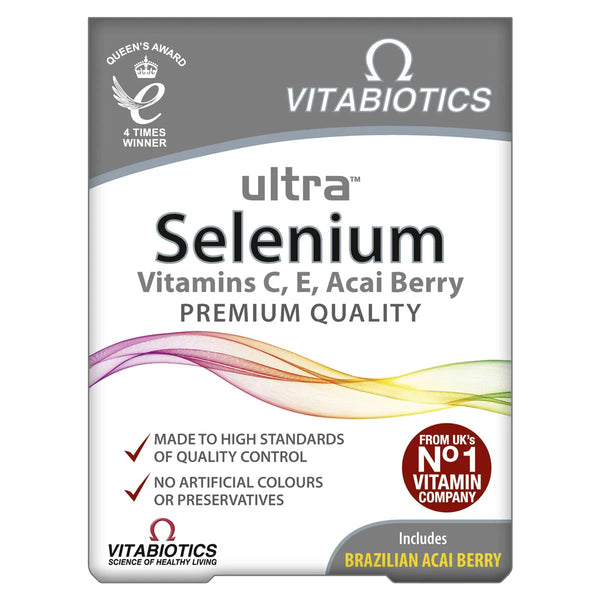 Front view of Vitabiotics Ultra Minerals Selenium (30 Tablets) box, highlighting cell protection from vitamins C & E plus acai berry. Shows product benefits, quality standards, and a From UKs No.1 Vitamin Company badge.