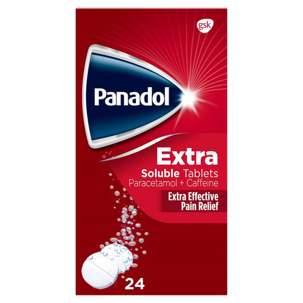 The red box of Panadol Extra Soluble Tablets (24 tablets) provides extra effective headache relief with Paracetamol + Caffeine. The packaging features white bubbling tablet imagery for solubility and the GSK logo in the top right corner.