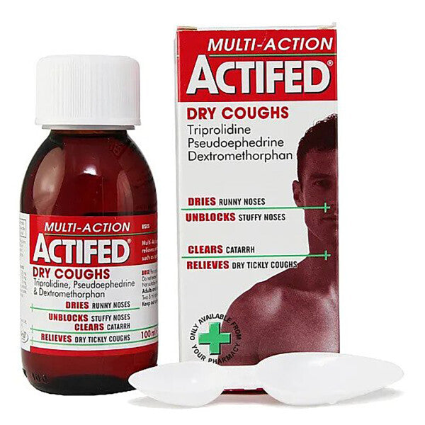 A bottle and box of Actifed Multi-Action Dry Cough Syrup (100ml) by Actifed are shown with two dosing spoons. The packaging states it relieves dry coughs, runny nose, nasal congestion, stuffy nose, and catarrh.